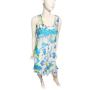 Je T'Adore Satin Night Gown Wmns Blue White Floral 2X Fairy Whimsy Vintage 90s